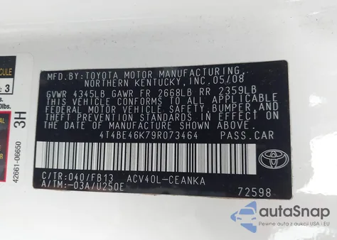 2009 Toyota Camry Le z USA, uszkodzony, nr VIN 4T4BE46K79R073464